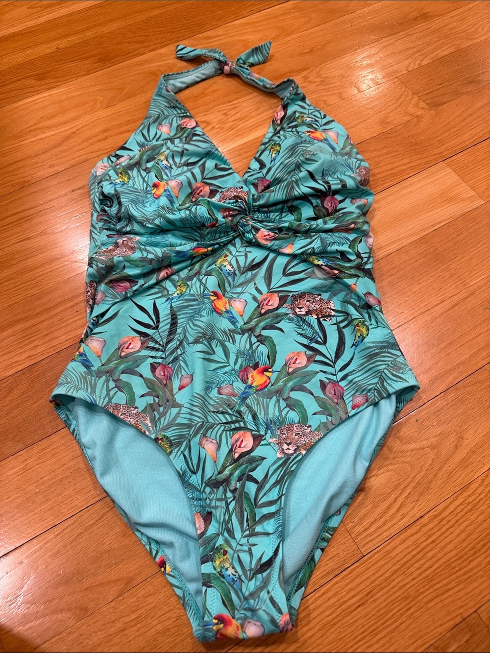 Johnny was Taina halter one piece teal tropical jungle print size small.